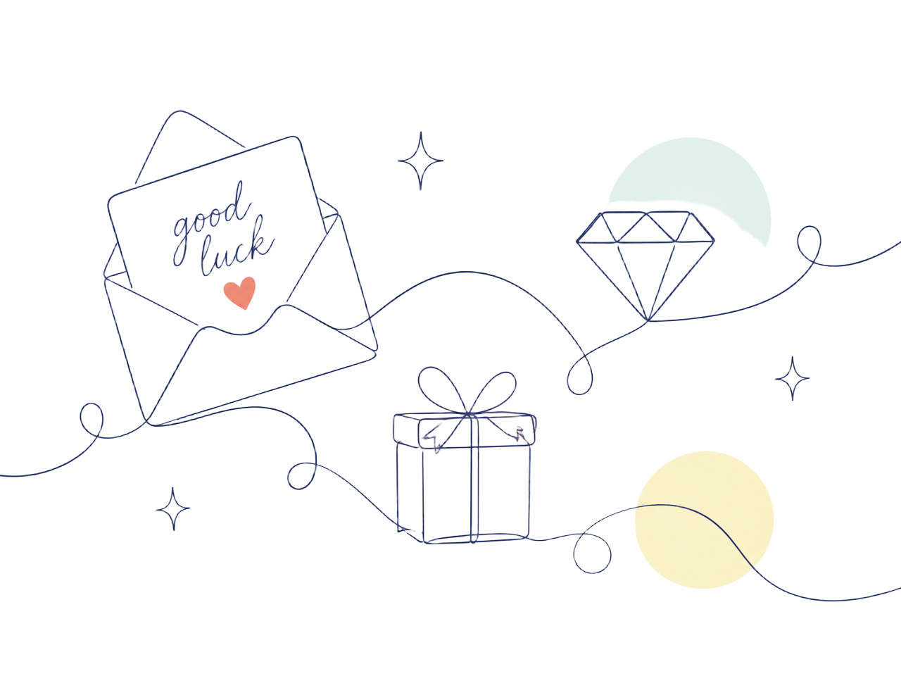Line drawing of an open envelope holding a good-luck note, a gift box and a diamond, connected by a flowing line